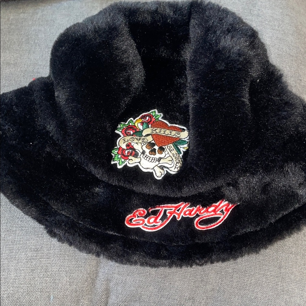 Ed Hardy Black Faux Fur Hat with Skull Design